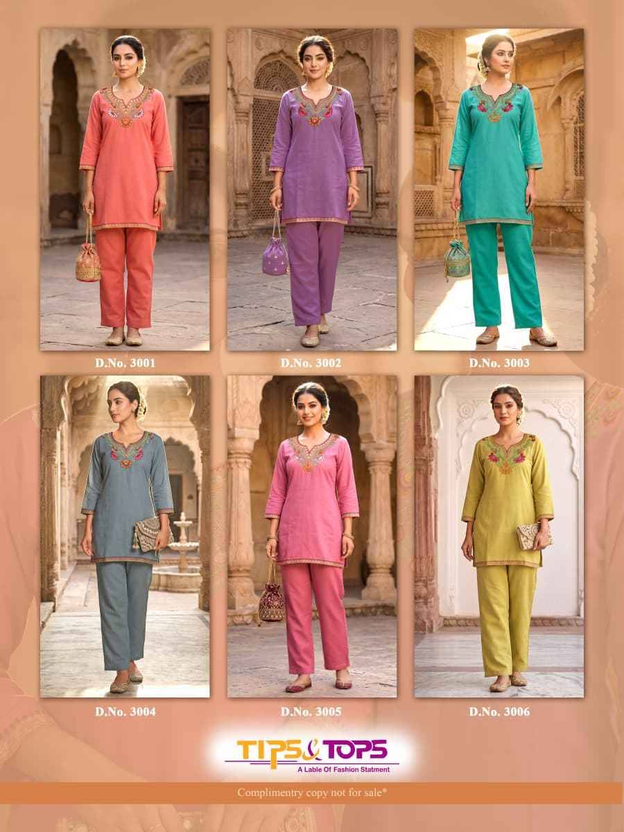 TRENDY TOUCH By TIPS & TOPS 3001 To 3006 Series Designer Collection Rayon Co-ord Set At Wholesale Price